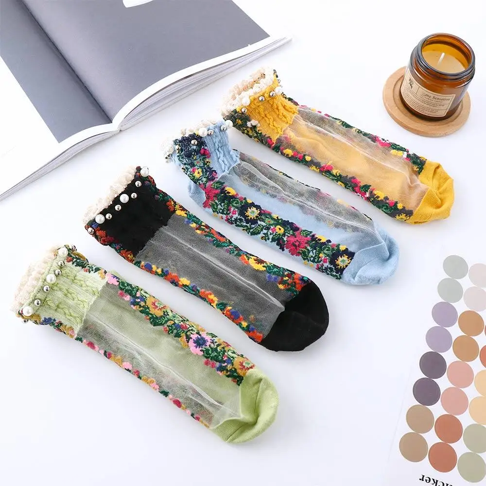 Cute Fashion Mesh Shallow Mouth Women Summer Short Socks Hosiery Boat Socks Embroidery Flowers Socks