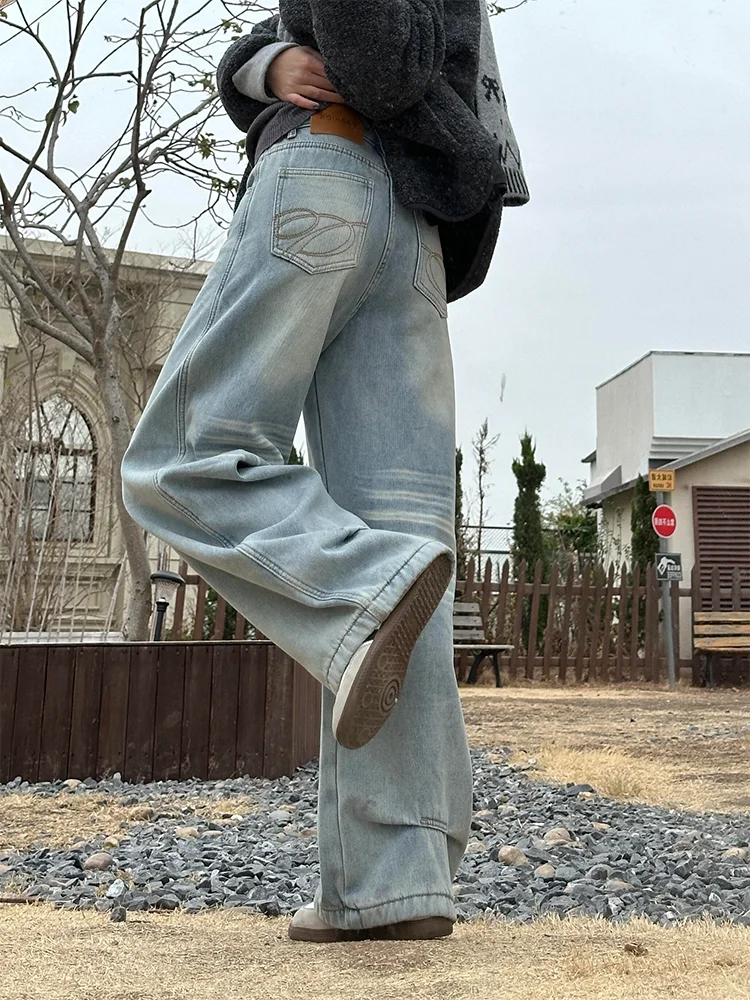 

plus Size American Style Light Blue Straight Leg Jeans Women's Fat MM Pocket Embroidery Loose Washed Wide Leg Long Pants