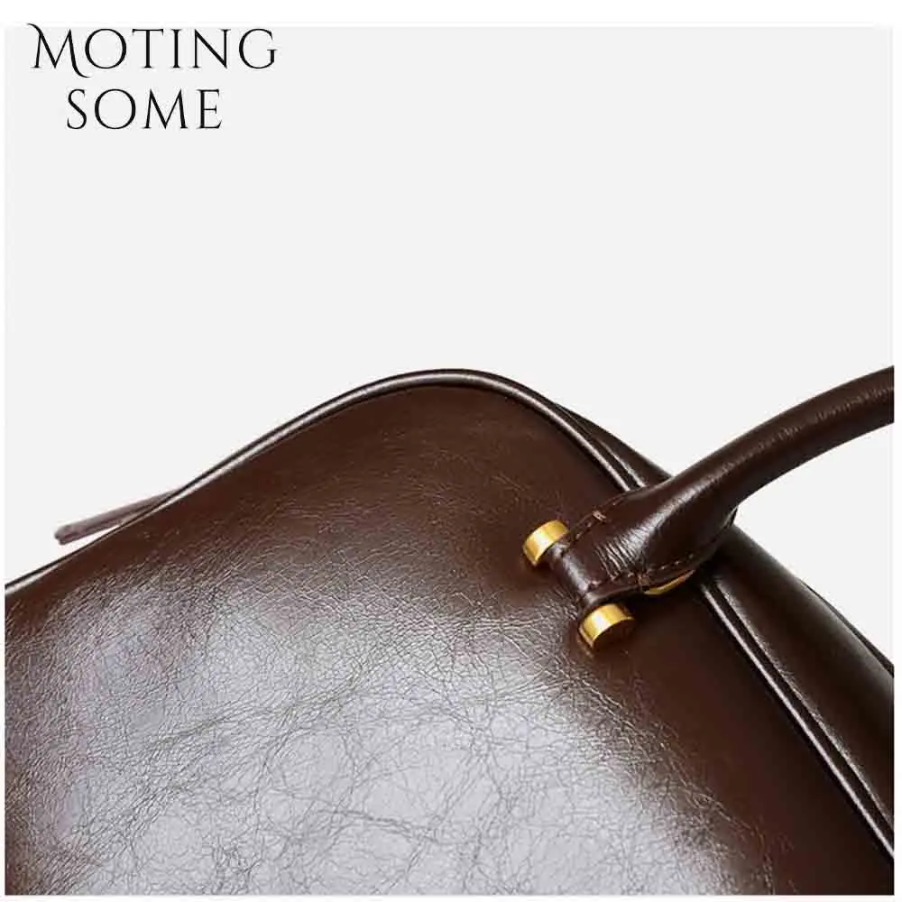 Motingsome Stylish Woman Bowling Bags Boston Purses Luxury Genuine Leather Handbag Pillow Bags Shoulder Retro Satchel Black 2024