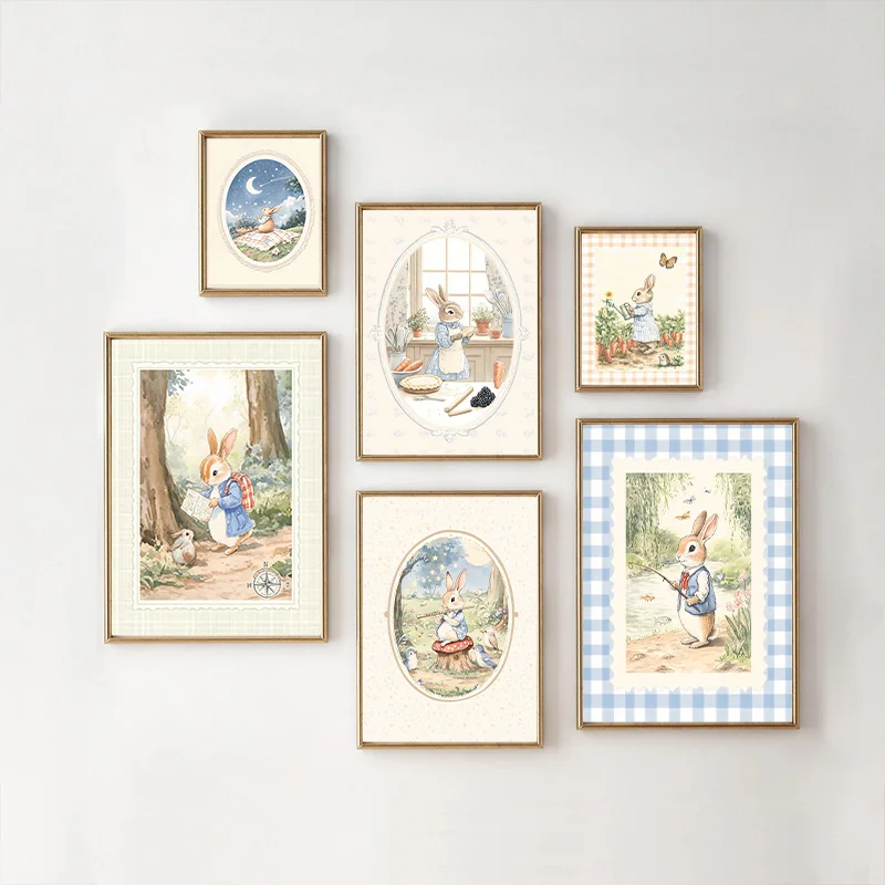 Vintage Boho Blue Plaid Rabbit Inspired Art Poster Baby Room Bedroom Nursery Field Animal Decorative Canvas Painting Wall Art