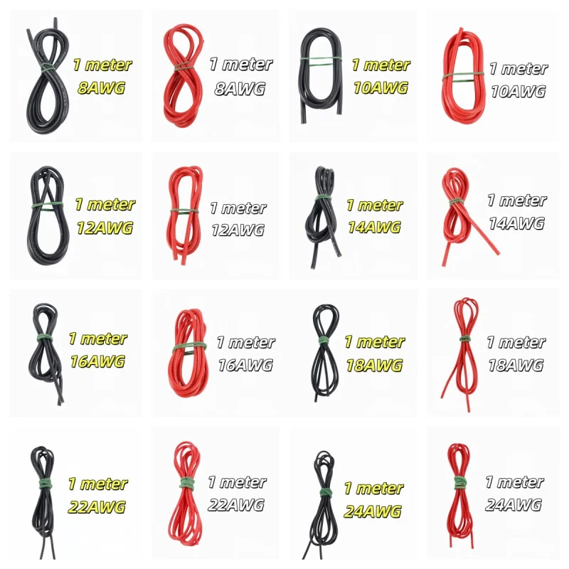 2 Meter Silicon Wire 8 10 12 14 16 18 20 22AWG Heatproof Soft Silicone Silica Gel Wire Cable (1Meter Red+1Meter Black)
