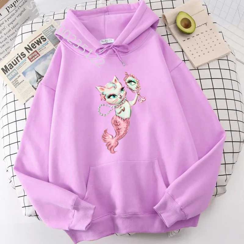 Merkitten with Mirror and Pearls Hoodies Women Aesthetic Sweatshirt Vintage Clothing Kawaii Cartoon Hoodie Harajuku Tops