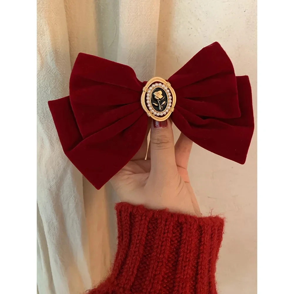 Nowe wino czerwone aksamitne kokardki szpilki do włosów eleganckie tkaniny aluminiowe róże spinki do włosów dla kobiet moda kucyk Barrette akcesoria na głowę
