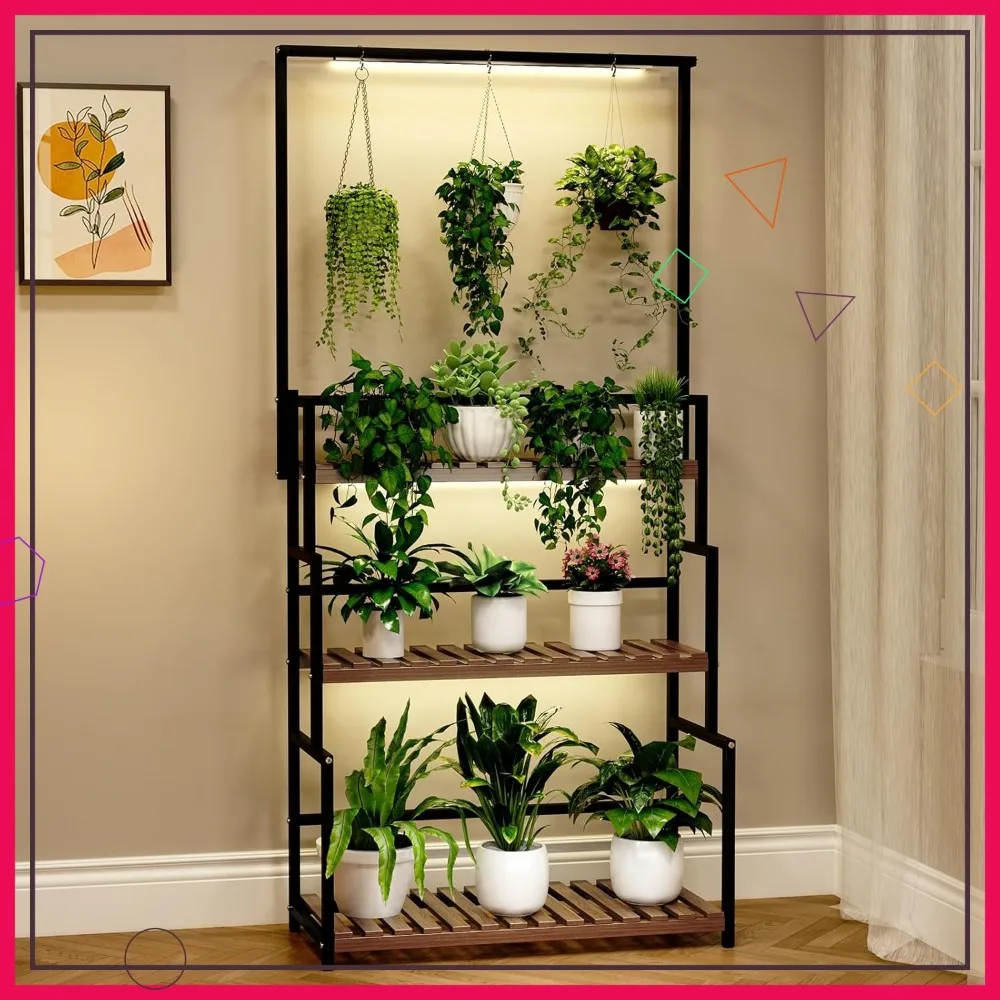 

3-Tier Metal Plant Stand with Grow Light, Ladder Shape for Indoor Plants in Living Room, Patio, Balcony