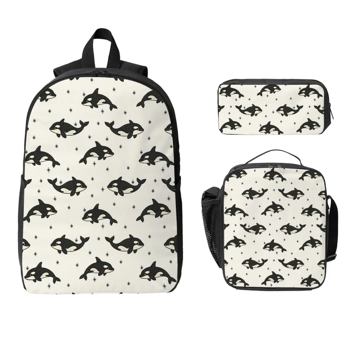 Killer Whale Orca Pattern Backpack Boys Girls BookBag School Bag Laptop Shoulder Bags 3ps Insulated Lunch Bag Pencil Case