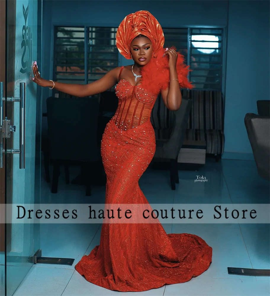 

Aso Ebi Orange Beaded Feathers Evening Dresses For Black Girls 2025 Customized Lace African Wedding Second Reception Party Gowns