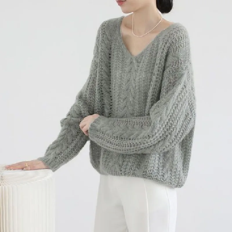 Mohair Knit V-Neck Pullover, Oco, Montagem solta, Top de malha, Outono