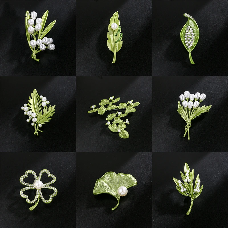 Green Leaf Flower Pearl Brooch Versatile Button Sweater Coat Corsage Curtain Buckle Brooch Accessories