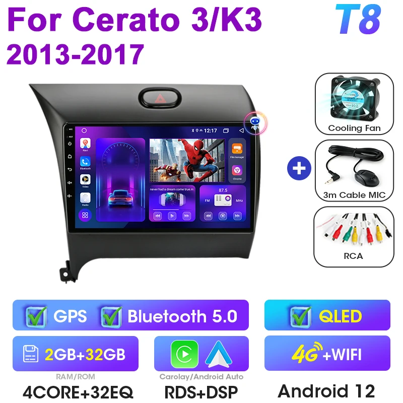 2 Din Android 12 Auto Radio Voor Kia K3 Cerato 3 Forte 2013-2017 Multimedia Video Speler Navigatie Gps 4G Carplay Auto Stereo Rds