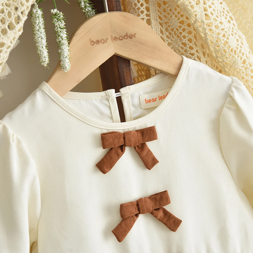 Beige Mädchen Freizeitkleider Herbst Langarm Schleife Dekoration Prinzessin Kleid Modische und einfache Freizeitkleidung für Kinder – Detail 4