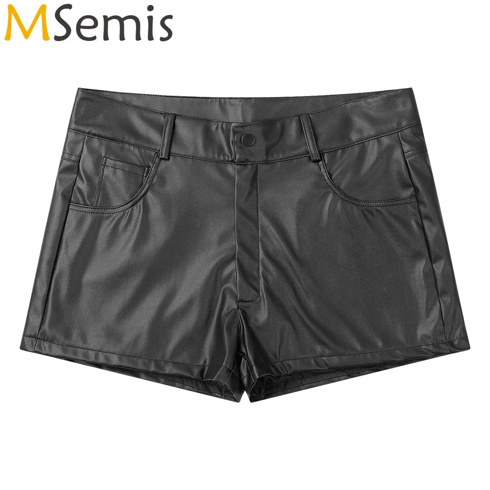 

Men’s PU Leather Shorts for Pole Dancing Fully Lining Latex Boxers Shorts Pockets Punk Trunk Clubwear Rave Festival Party Outfit