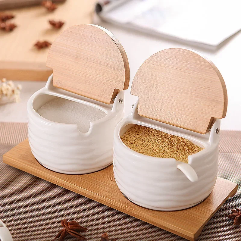 Kitchen Spice Rack Ceramic Wooden Lid Bamboo Tray Base Seasoning Pot Tool Porcelain Storage Container Set Convenient Salt Pepper