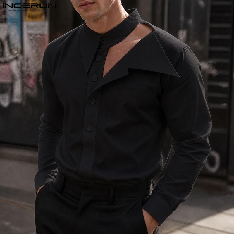 INCERUN Men's Sets Solid Color Lapel Long Sleeve Hollow Out Men Clothes Streetwear Loose Fashion Casual Tops For Man Camisas