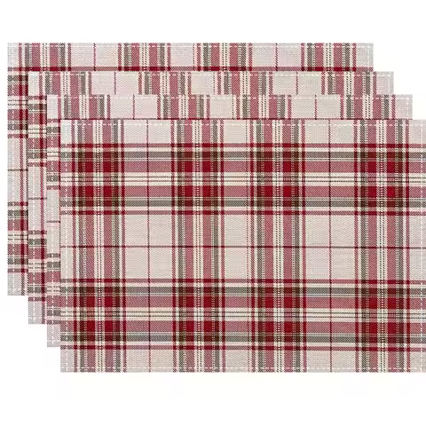 VIKAMA Heat Resistant Placemats Set, Linen Geometric Grid Table Mats, Easy Clean for Kitchen Dining Table Protection Decor