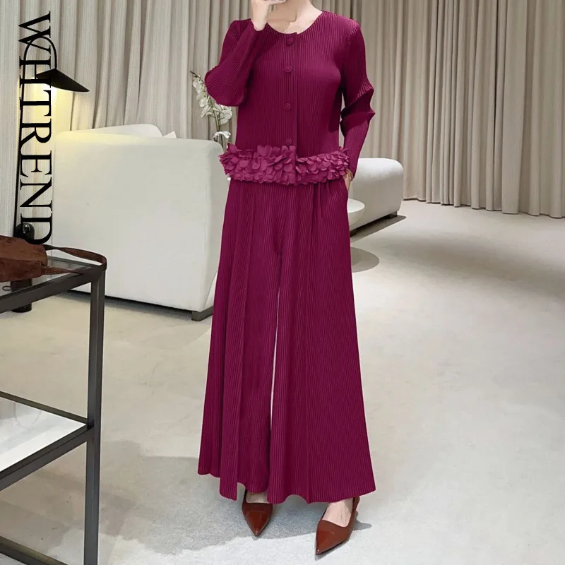 

WHTREND Женский плиссированный комплект с круглым вырезом и пуговицами, пальто с длинными рукавами + широкие брюки с высокой талией, комплект из двух предметов, элегантный новый WH2052