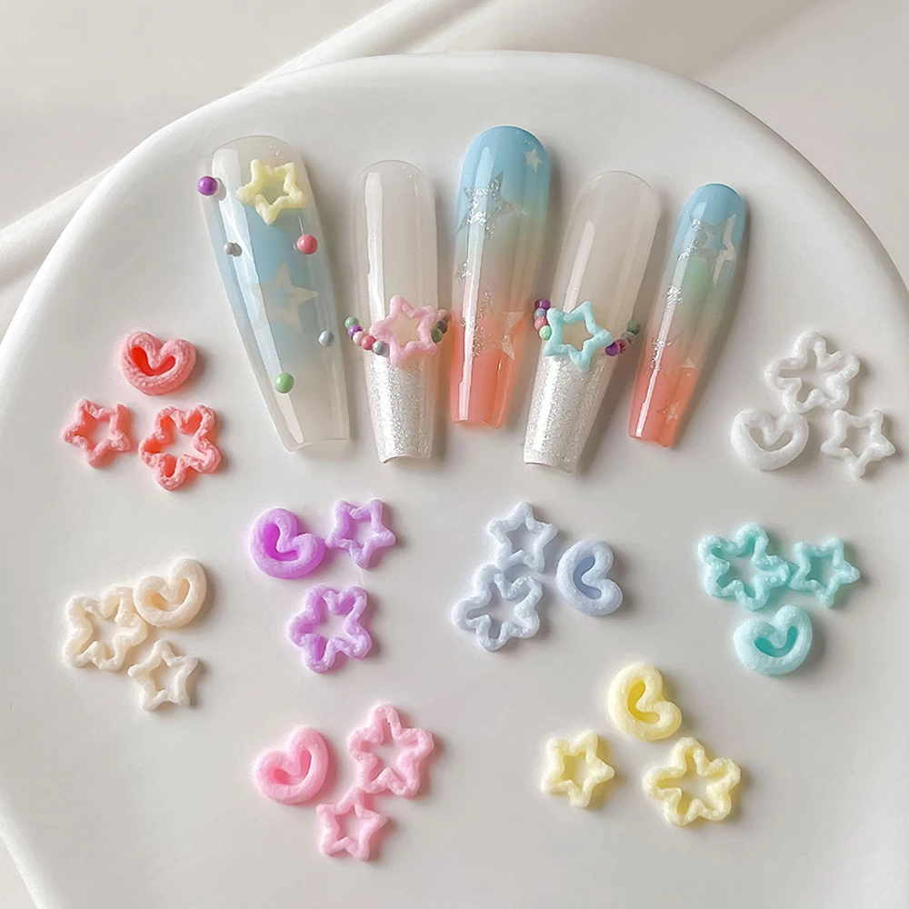 50Pcs Dopamine Color Suger Heart Flower Star Nail Charms 3D Mixed Resin Korean Hollow Love Blossom Pentagram Nail Decoration#-8^