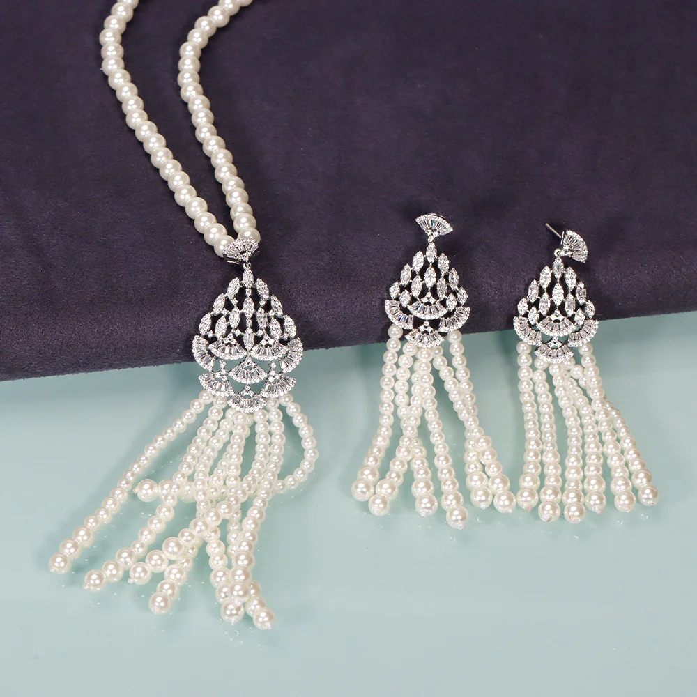 New Fashion Personality Tassel Pearl long chain Wedding Necklace Earring Set Bridal For Women Elegant Cubic Zirconia Jewelry