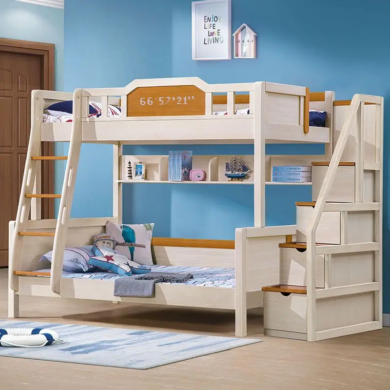 상하층 침대 어린이 침대 높낮이 조절 침대, 원목 소형 아파트 다기능 어린이 및 엄마 침대