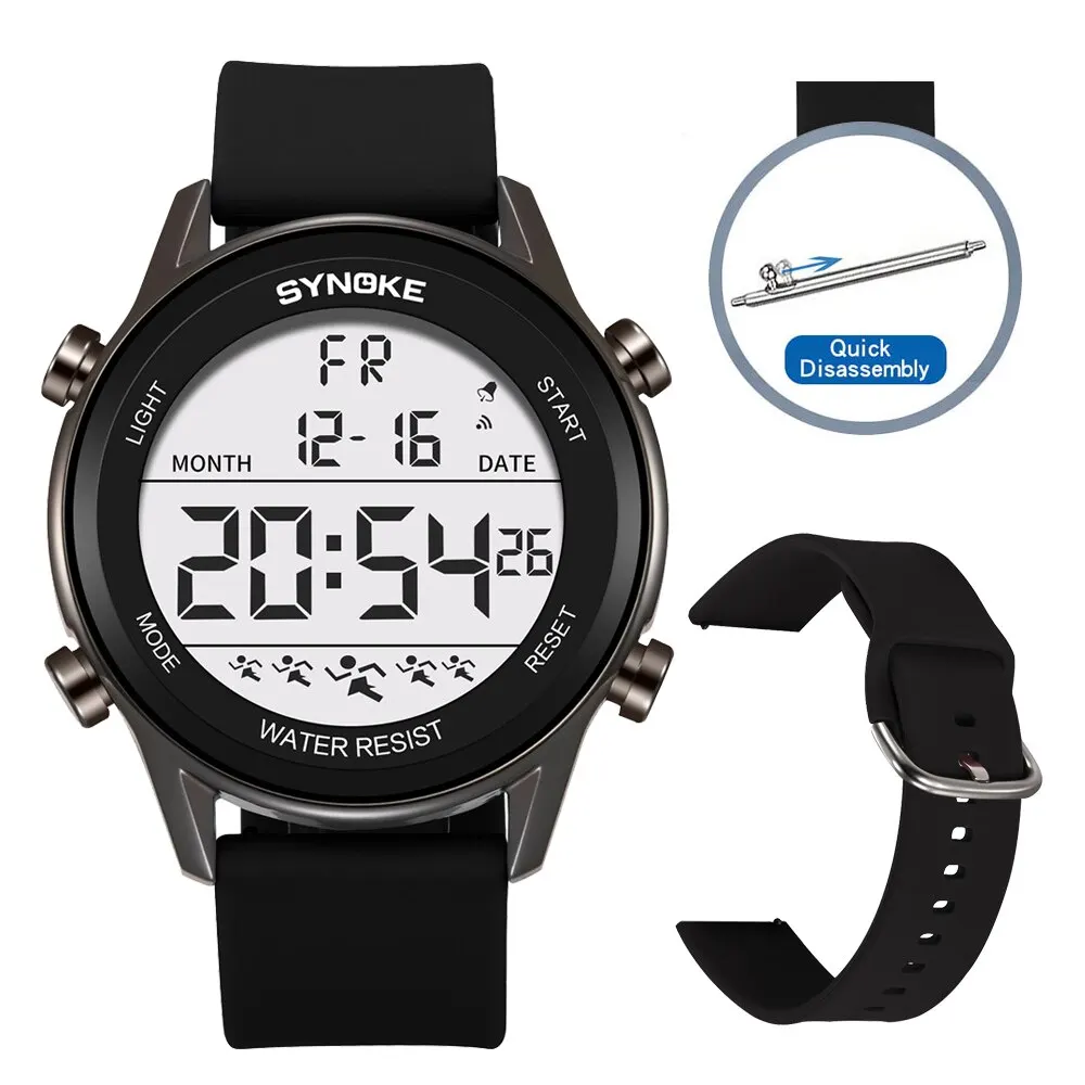 SYNOKE Men Outdoor Sports Multifunctional Waterproof Large Screen Display Luminous LED Digital For Men Fashion Silicon Watch