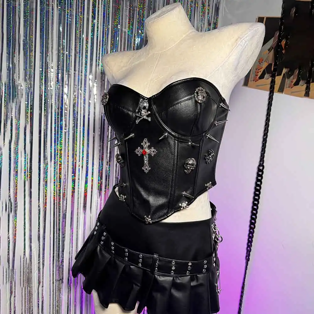

Grunge Emo Fairy E-Girls Club Wear Spike Studded Rivet Kawaii Y2K TOPS Chain Pu Leather Skull Punk Rock Gothic Goth Corset