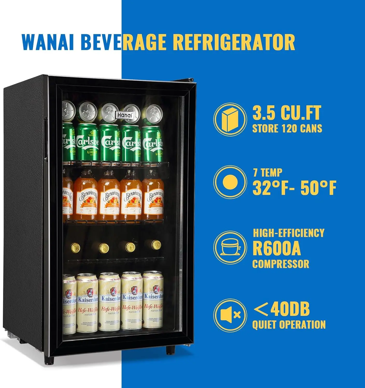 Mini geladeira com porta de vidro, LED azul refrigerador para bebidas, bebidas e refrigerantes, bebidas e bebidas, bebidas e suco, 3 prateleiras ajustáveis, 125 pode