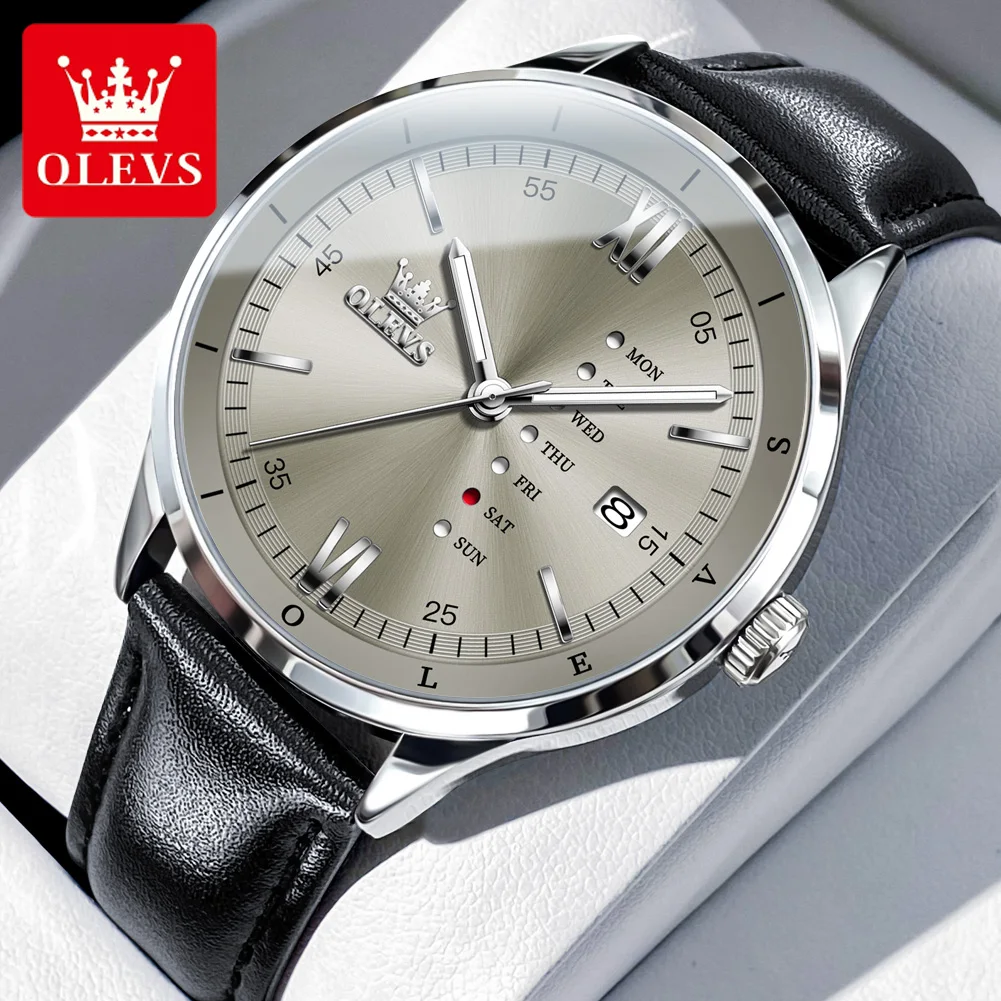 OLEVS 2931 Men\'s Watch Fashion Business Original Waterproof Leather Strap Top Luxury Brand Calendar Week Quartz Men\'s Watch