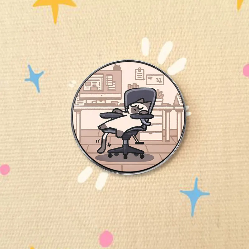 Lazy Cat Sleeping on Office Chair UV Printing Pin Funny Work Life Brooch Lapel Badge Jewelry Gift for Remote Worker