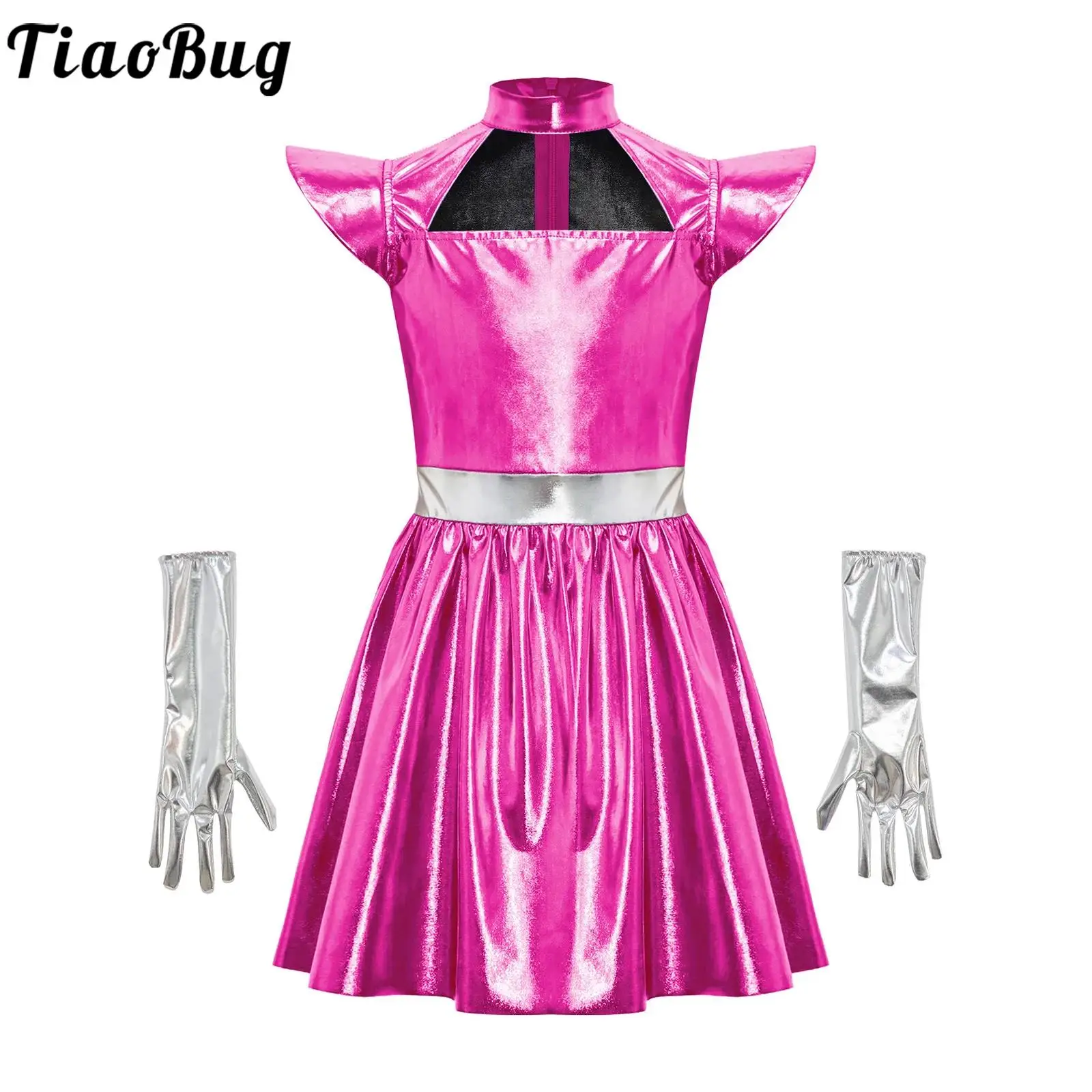 

Girls Shiny Alien Cosplay Metallic Dress Halloween Cosplay Costume with Gloves Fly Sleeve Zipper Ruffled Tutu Dress Robot Outfit