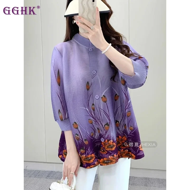 GGHK Pleated Women Thin Jacket 2024 Fall New Lapel Long Sleeve Single Breasted Printed Design Casual Female Tops