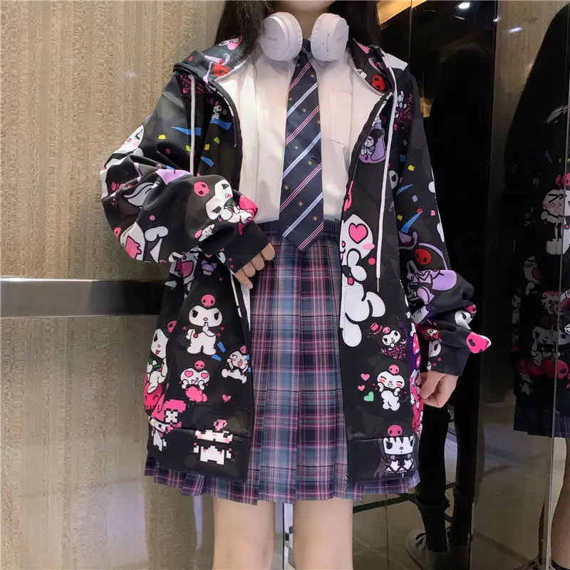 

Kawaii Kuromi Sanrio Cute Cartoon Long Sleeved Coat Children JK Uniform Student Jacket Sportswear Birthday Gift for Girls