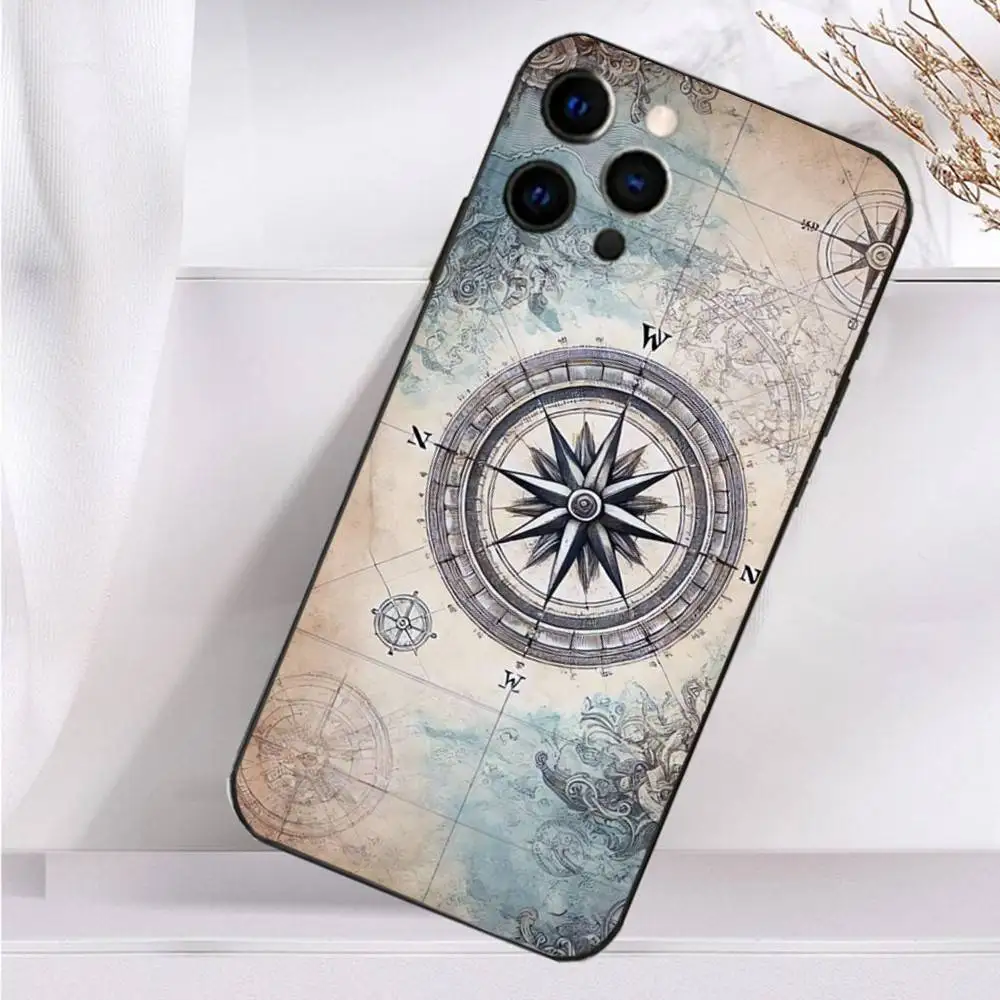 حافظة هاتف بوصلة فنية جغرافيا لهاتف آيفون 16,15,14,13,12,11 Plus,Pro Max,XS,X,XR,SE,Mini,8,7 غطاء أسود من السيليكون الناعم #4