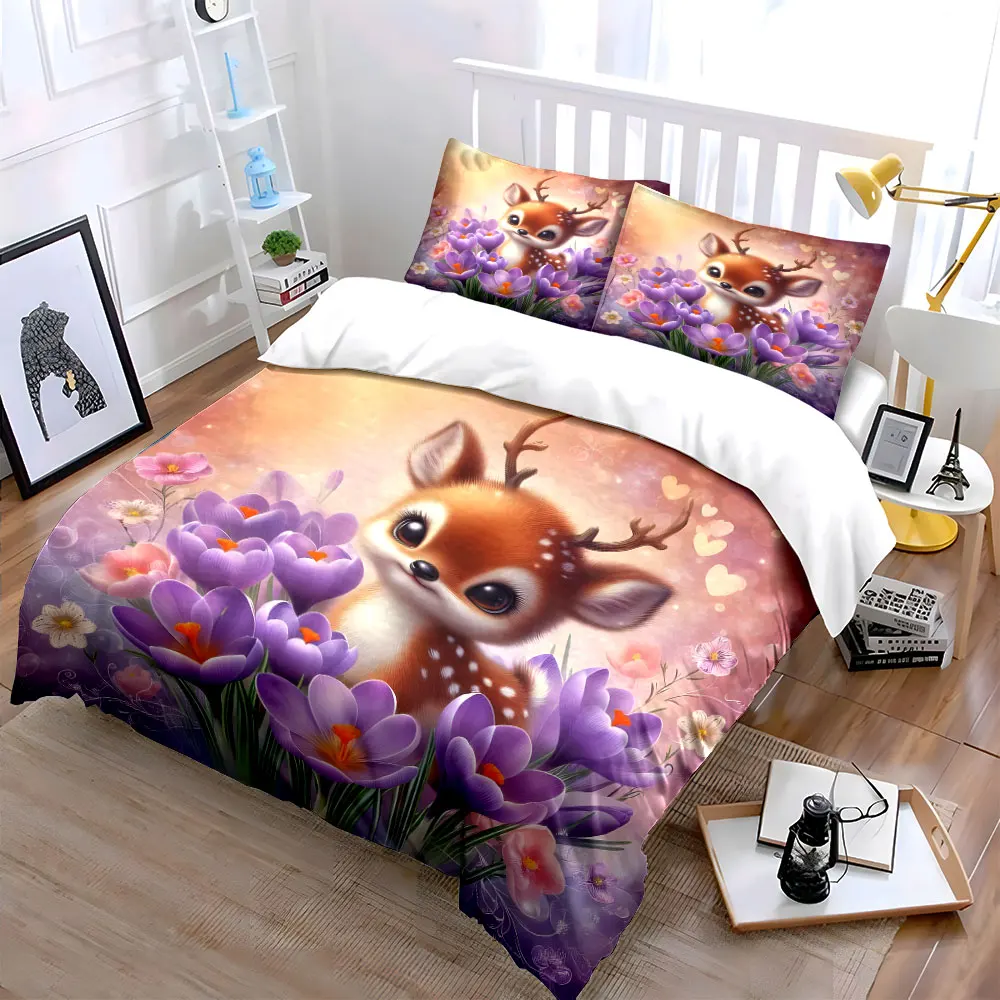 3pcs Cute fawn with purple blossoms Duvet Cover Set with 3D Printing Design Soft Polyester Bedding Set All-Season Comfort