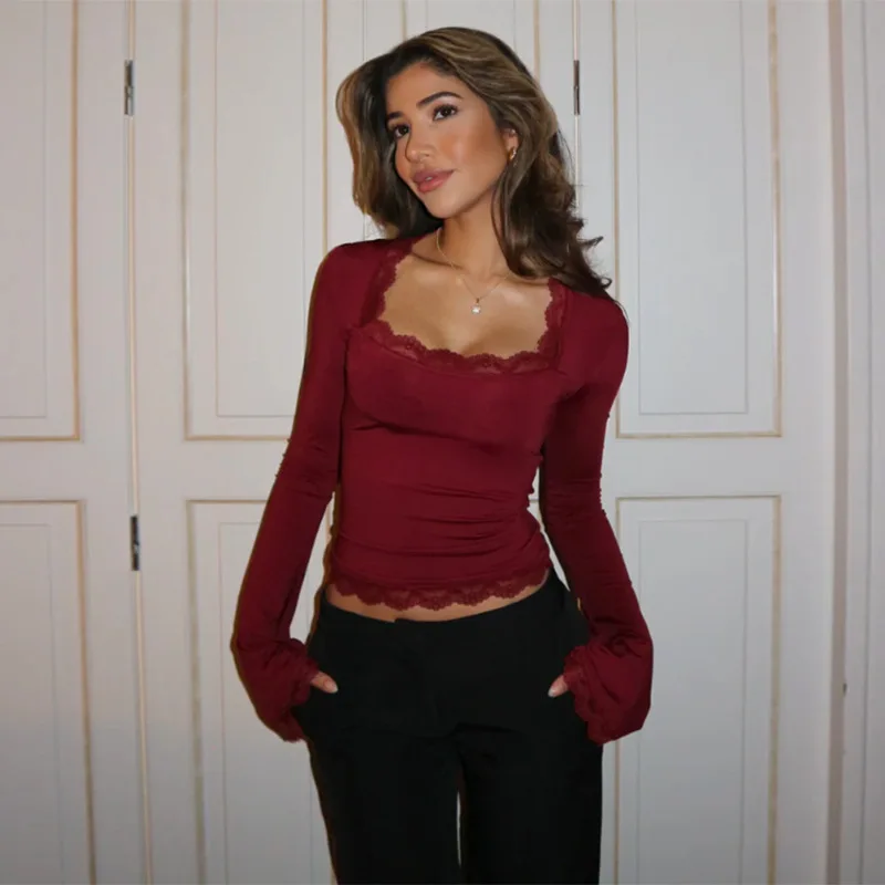 2025년 봄 여름 여성용 슬림핏 긴팔 레이스 트리밍 탑, 다용도 우아하고 섹시한 중국풍 블라우스