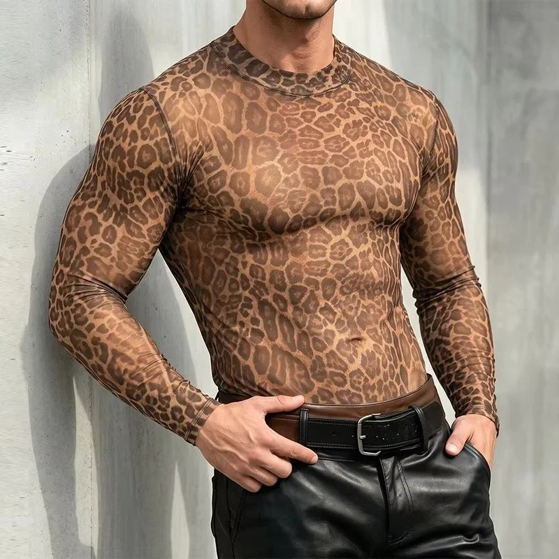 Men's Animal Print Sheer Mesh Long Sleeve Shirt Snake Leopard Pattern   Fit Round Neck Tops Gothic Party Layering T-shirt