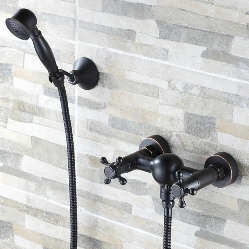 

Black Oil Rubbed Brass Wall Mounted Dual Handles Shower Faucet + Handheld Shower Head Wtf016