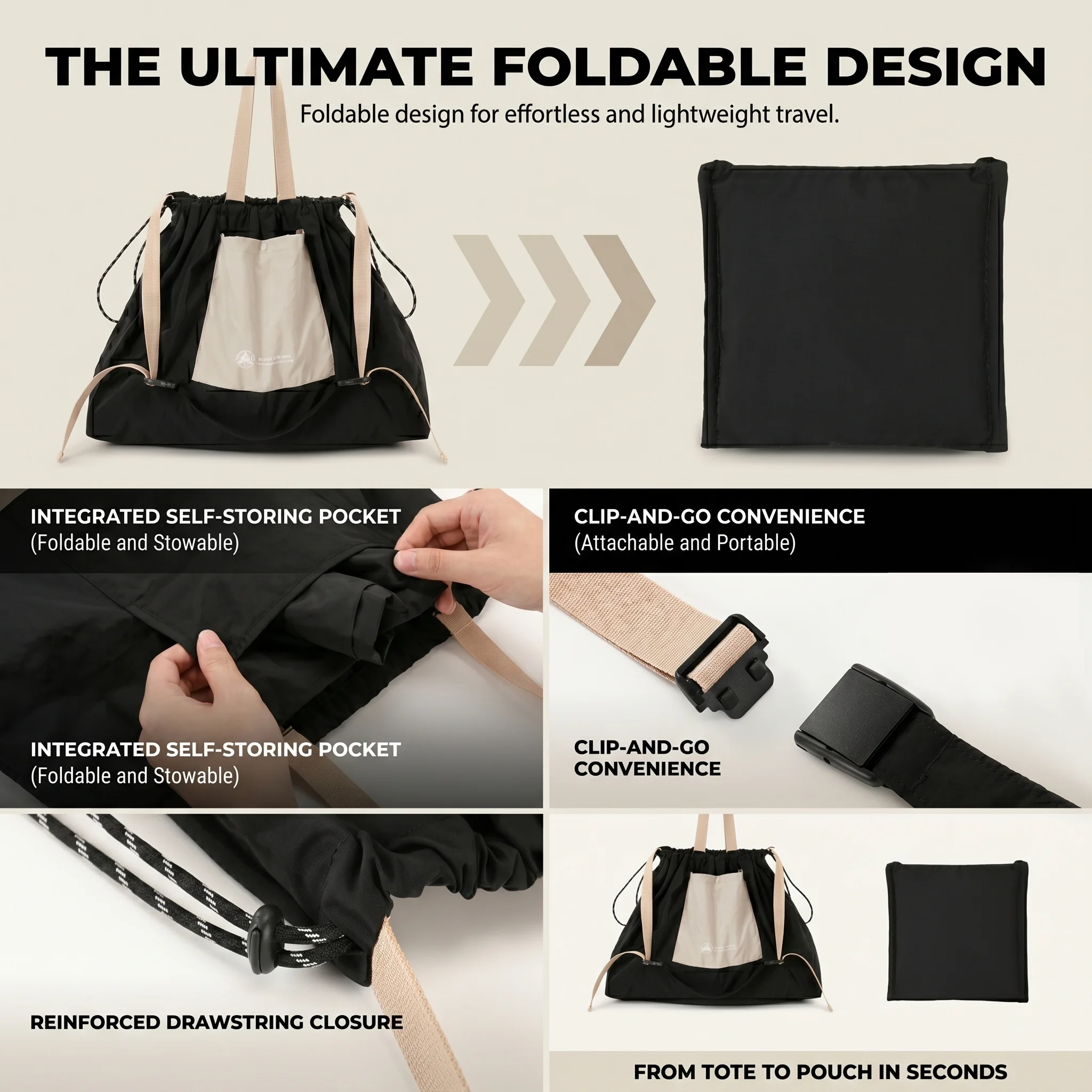 Foldable Drawstring Tote Bag Lightweight Large Capacity Shoulder Bag Waterproof Gym Yoga Sports Travel Handbag for Men Women