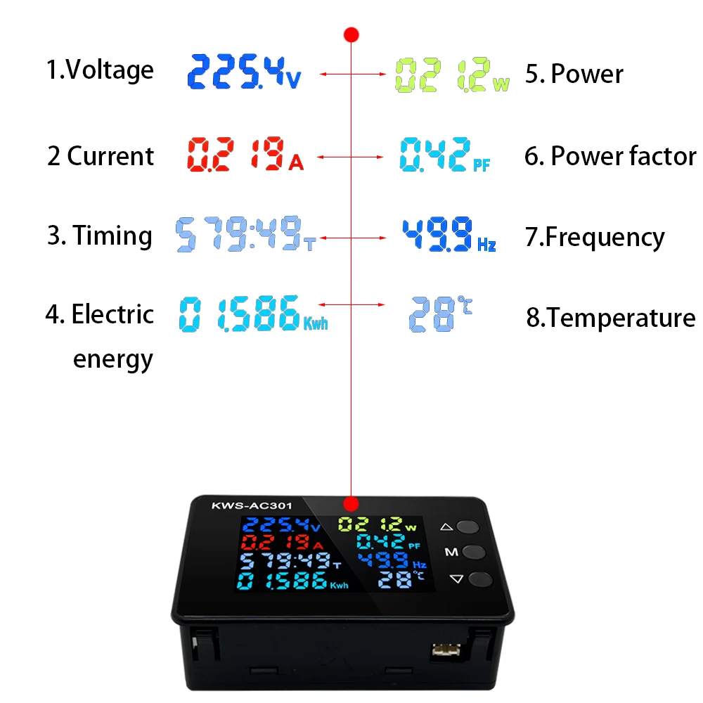 Vatímetro de KWS-AC301, voltímetro de CA 50-300V, analizadores de potencia 50-60HZ, LED, Detector de electricidad de CA 0-20/100A