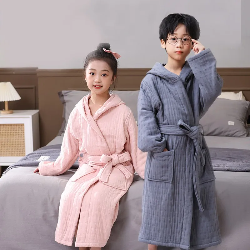 100% Cotton 6 Layers Gauze Kimono Robes For Kids 2024 New Boy And Girls V Neck Hooded Bathrobe Nightgown Children Home Clothes