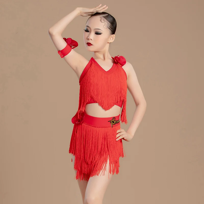 ملابس الرقص اللاتينية الفتيات هامش ملابس رقص شرابة القمم تنورة المنافسة فستان مجموعة اللاتينية ممارسة الرقص الملابس BL13938