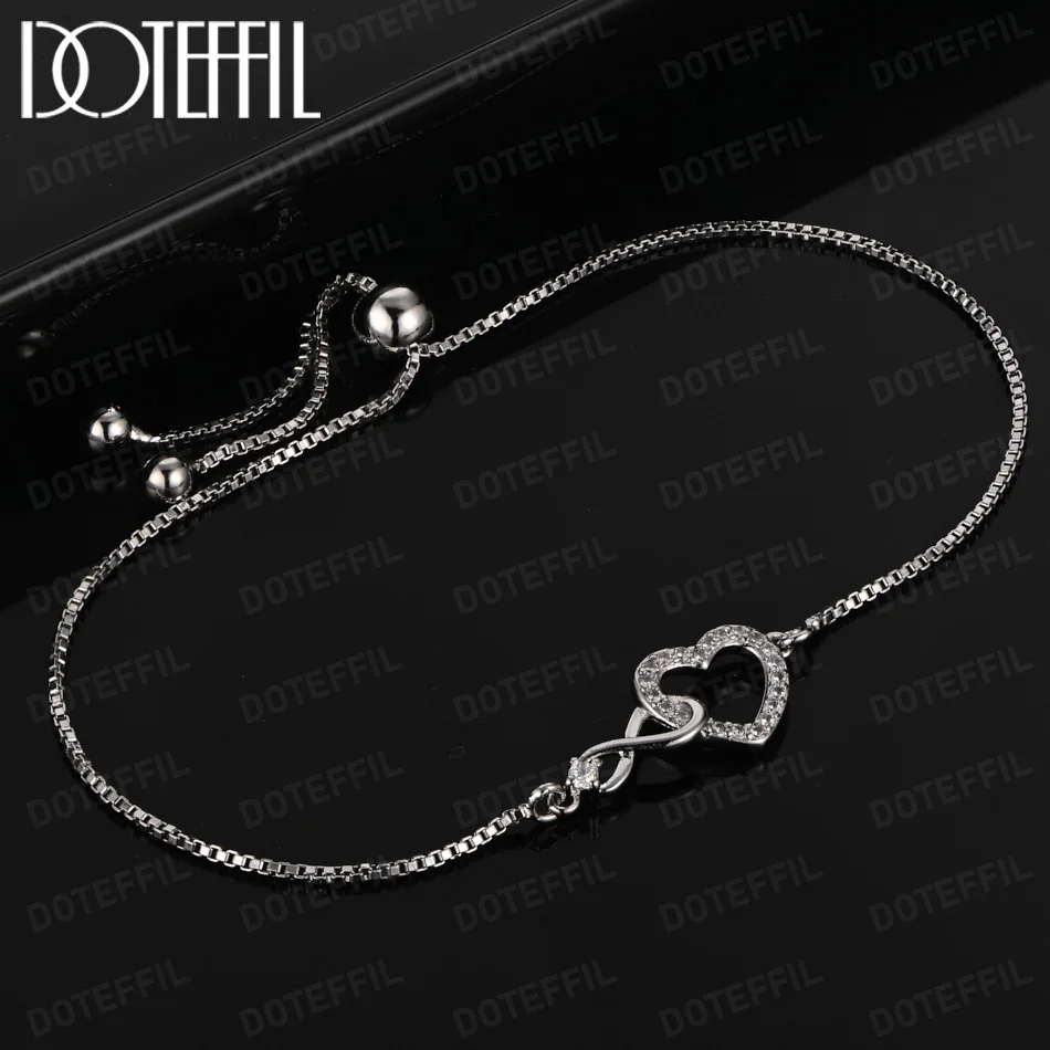 

DOTEFFIL AAA Zircon Love Heart Shaped Bracelets Crystal 925 Sterling Silver for Women Valentines Gift Wedding Party Cute Jewelry