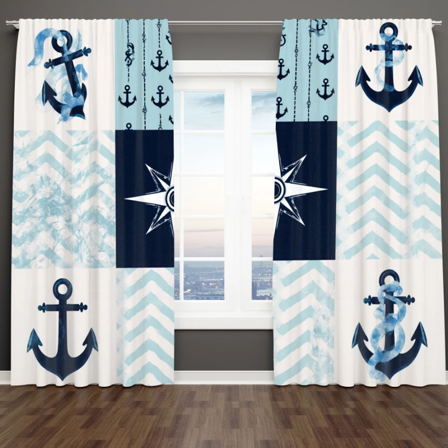 2PCS Digital Printed Curtains, Ocean Wave Ship Anchor Nautical Sailor, Modern Home Decor Style for Living Room Bedroom Decor