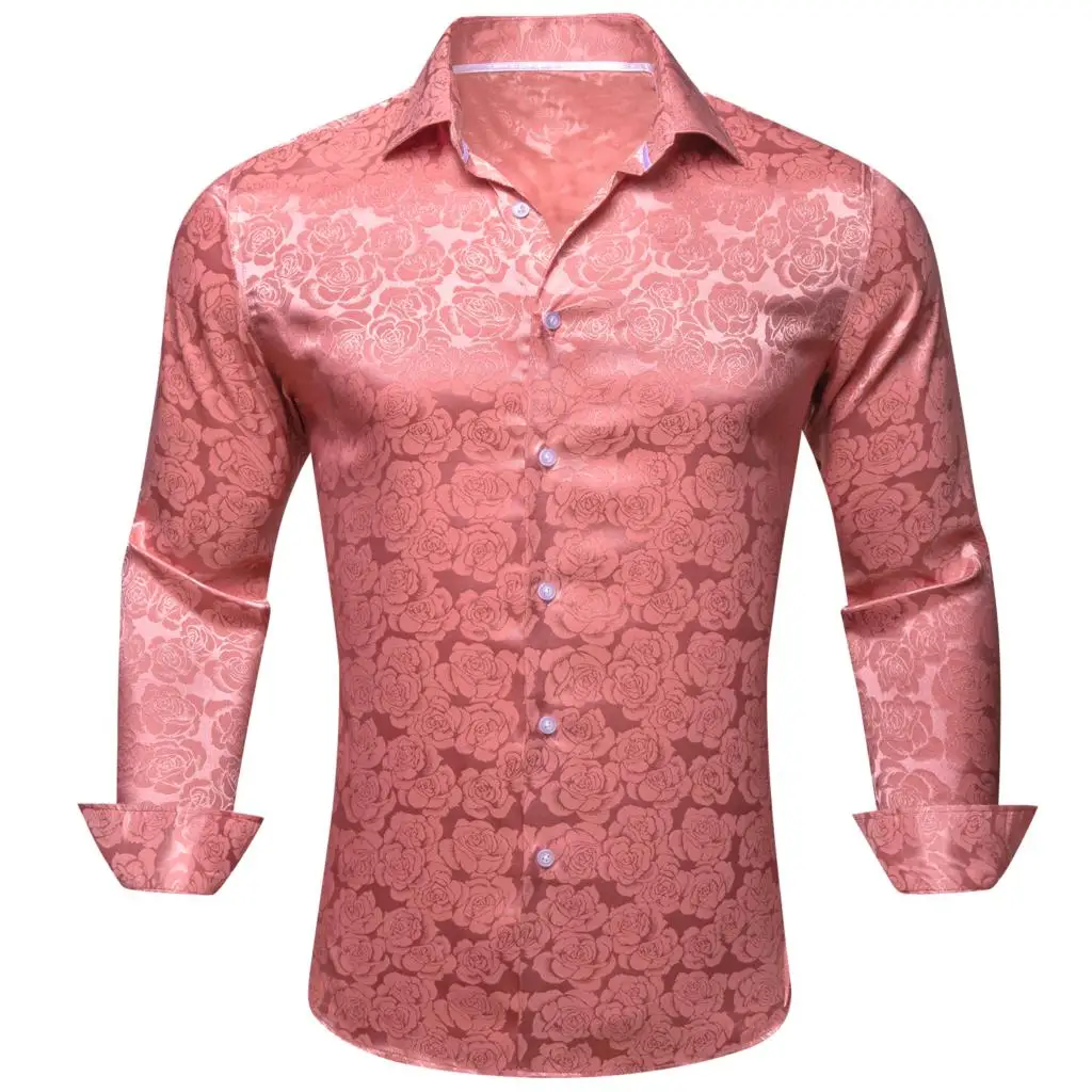 Luxury Silk Shirts for Men Pink Flower Long Sleeve Slim Fit Male Blouese Casual Tops Formal Streetwear Breathable Barry Wang