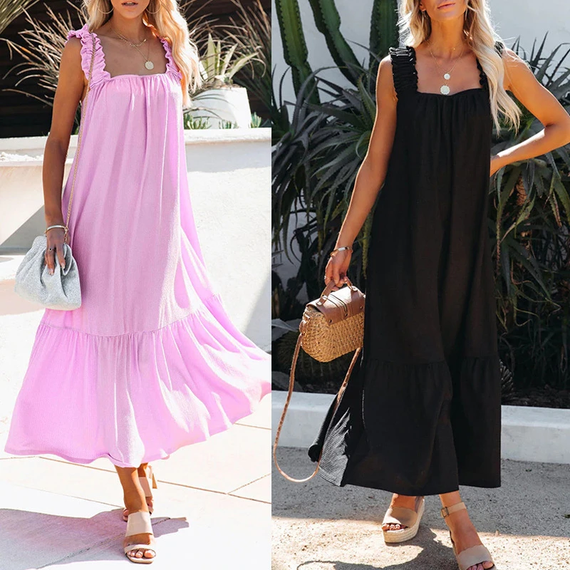 

2024 женское шифоновое платье Seersucker, однотонное платье с волнистыми краями и лямкой на шее, платье без рукавов на шнуровке