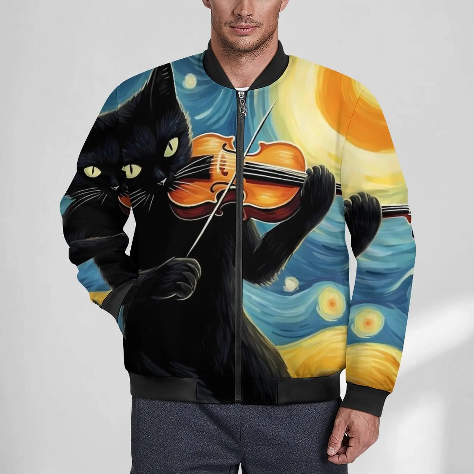 

Van Gogh Starry Night Casual Jackets Male Black Cat Playing Violin Coats Autumn Aesthetic Jacket Zip Outdoor Clothes Plus Size