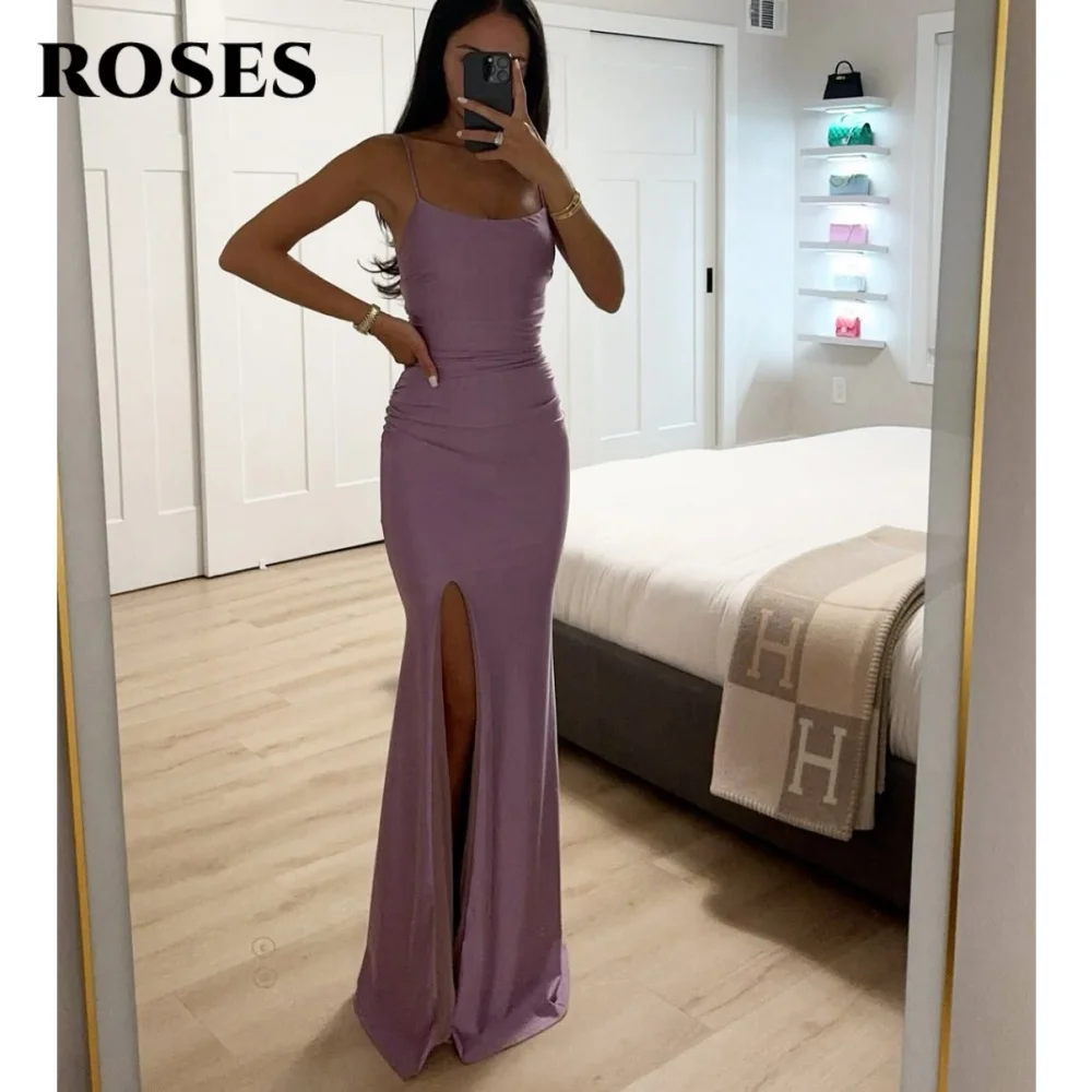 

ROSES Purple Sexy Prom Dresses Scoop Backless Sleeveless Prom Gown Satin Side High Split Formal Gown for Woman 프롬 드레스 Customized