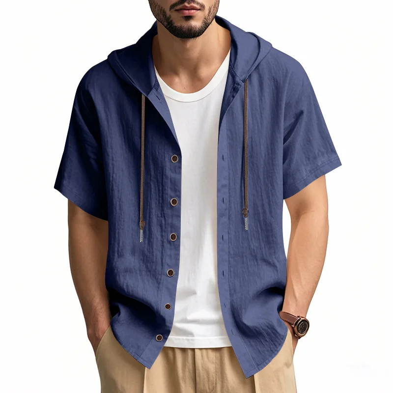 

Men's Solid Color Casual Short Sleeved Shirt Hooded Drawstring Cotton And Linen Cardigan Trendy Versatile Loose Top