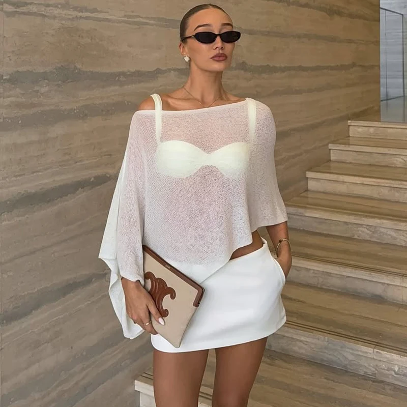 

TARUXY Irregular Cloak Shawl Sun Protection Shirt Women's Loose Lazy Thin Ice Silk Knit Top Female Summer New Vacation Party Top