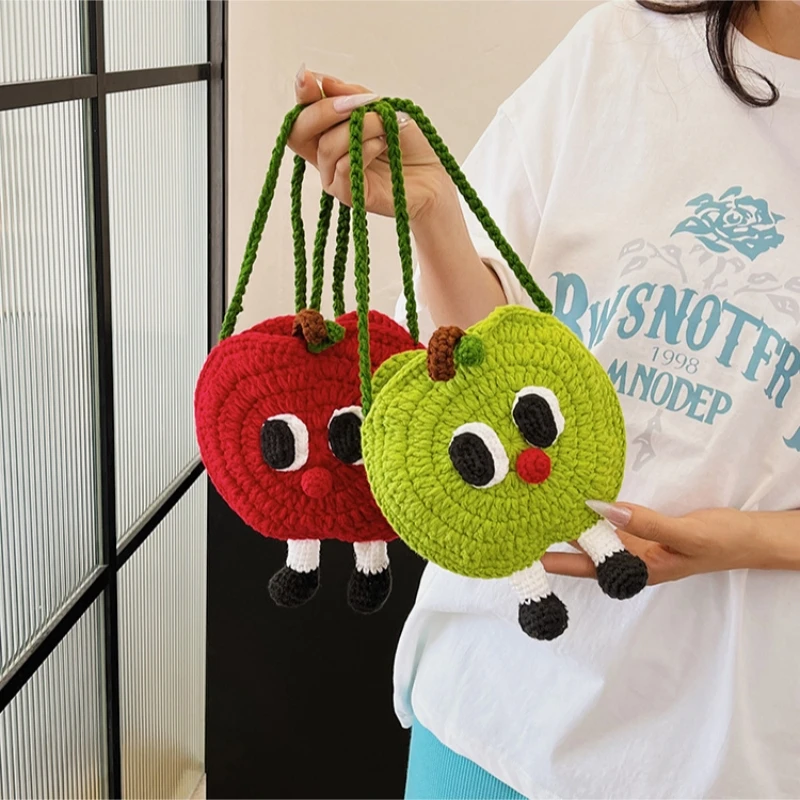 Handmade Woven Bag for Women Woolen Shoulder Crossbody Bag Cute Knitted Cartoon Young Girl Crochet Fruit Apple Mobile Phone Bag