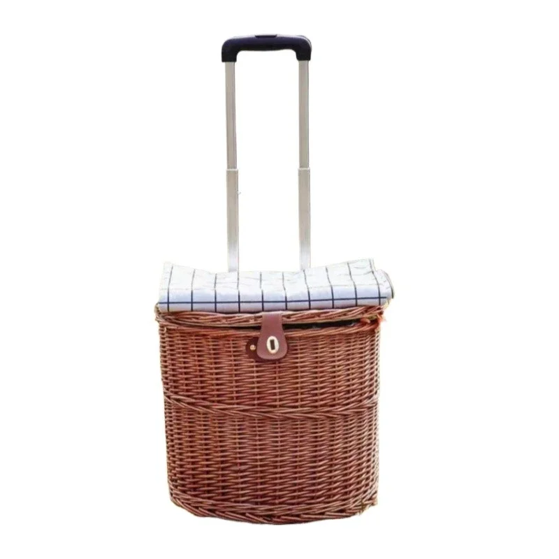 Versatile Portable Wheel Storage Woven Basket Pull-Up Outdoor Food Wicker Picnic Basket Lid Picnic Tools