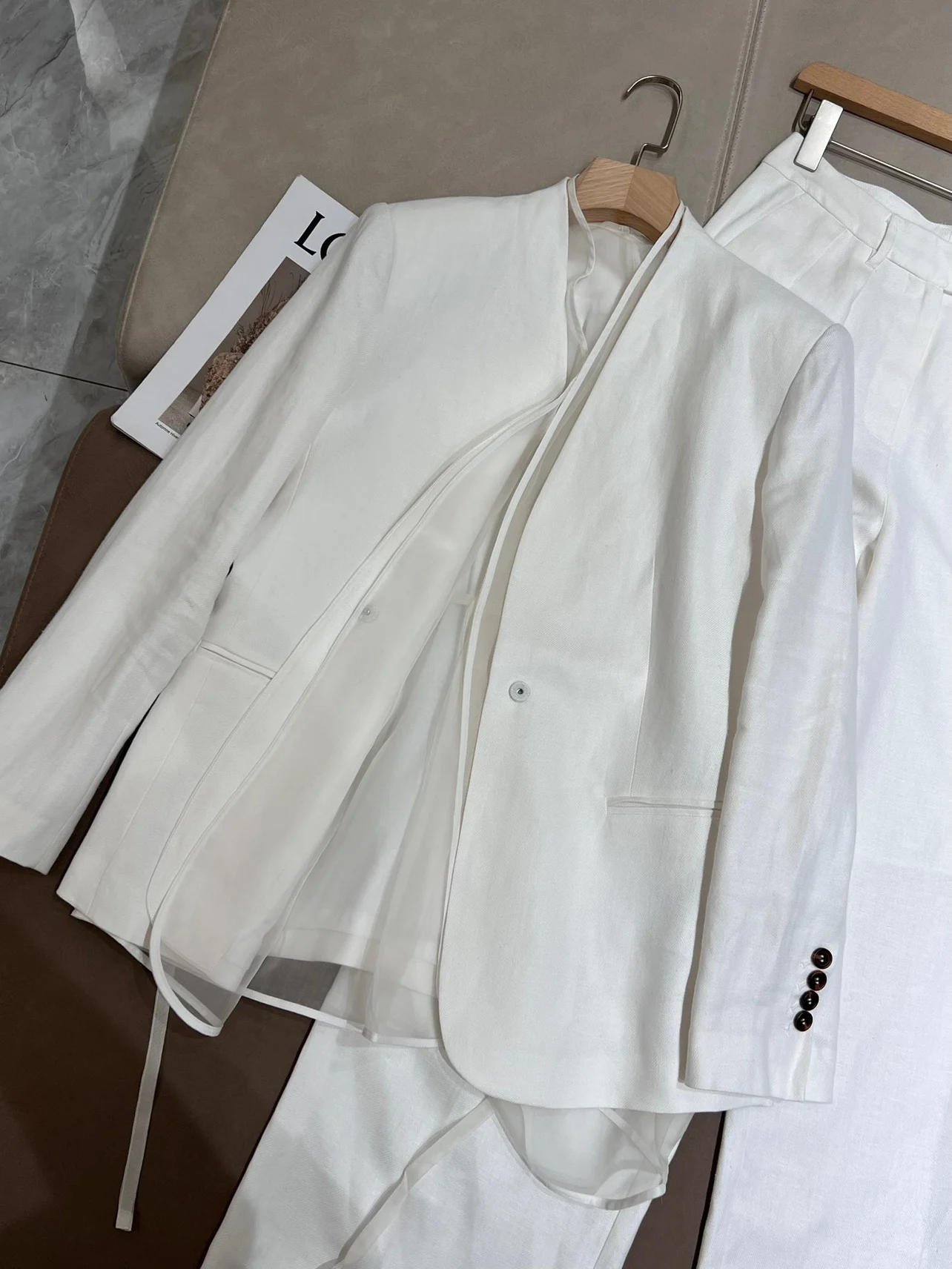 Women\'s Blazer Pants Sets White Blazer Linen Jacket Coat Suit High Waist Wide Leg Trousers Female Clothing 2 Piece Set